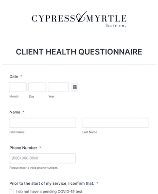 Form Templates: COVID 19 Client Health Questionnaire 