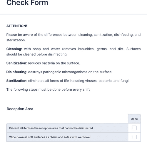 Form Templates: COVID 19 Esthetician Room Cleaning Check Form