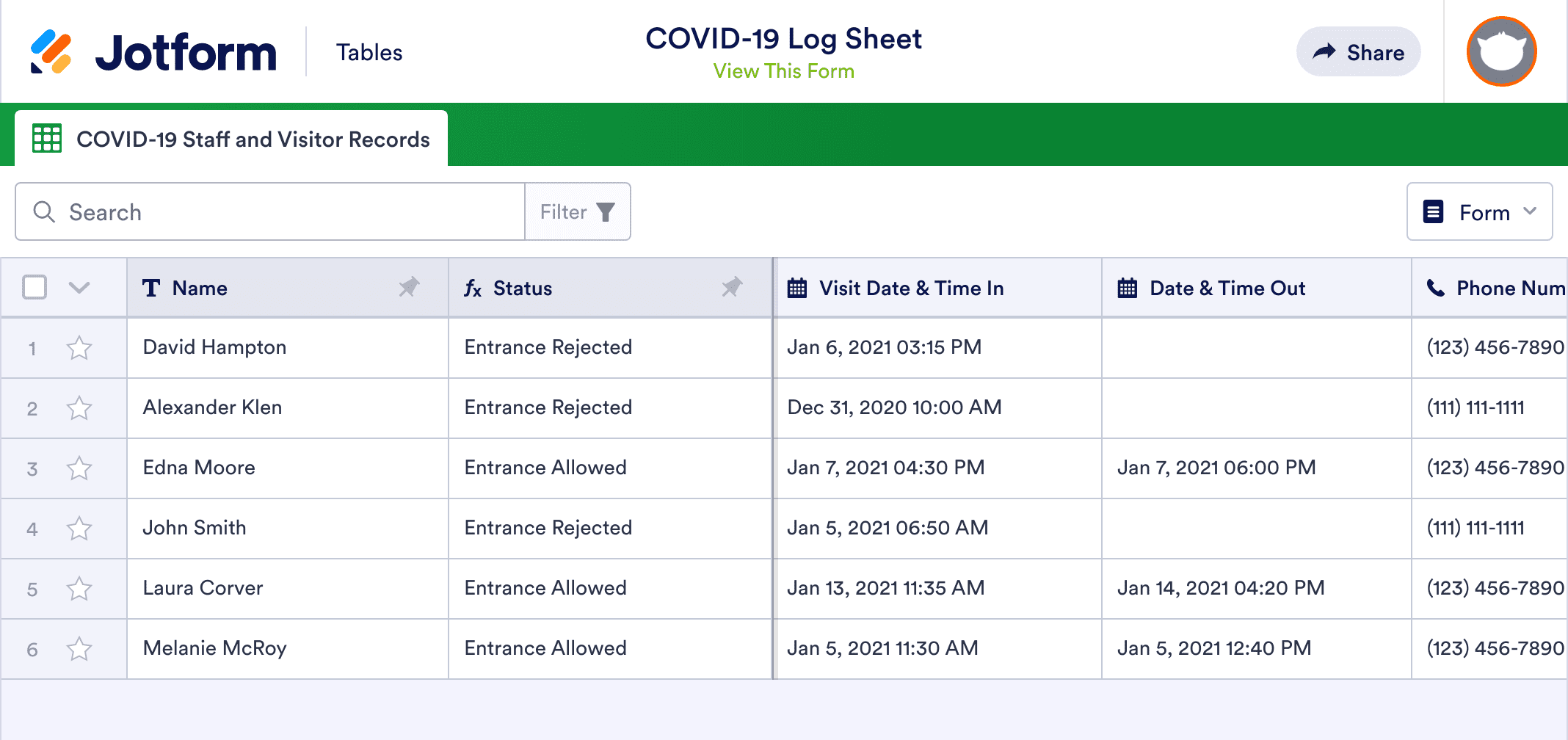 COVID-19 Log Sheet