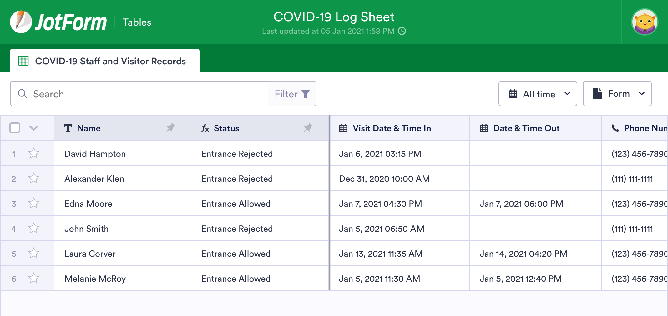 COVID19 Log Sheet Template JotForm Tables