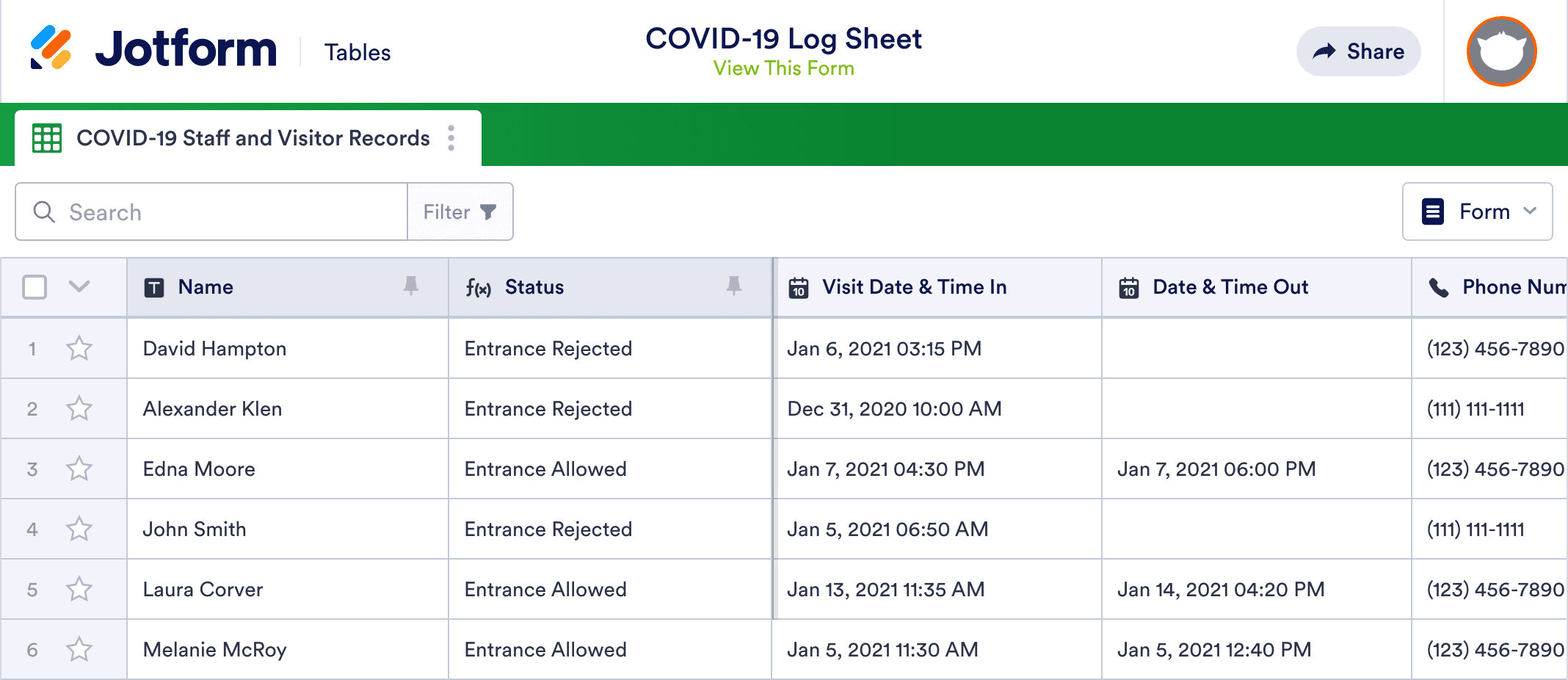 COVID 19 Log Sheet