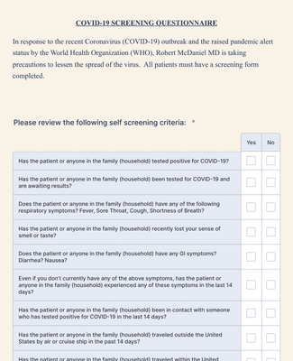Form Templates: COVID 19 Patient Screening Questionnaire