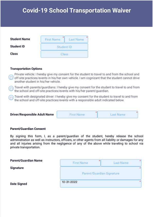 Covid19 School Transportation Waiver Sign Templates Jotform