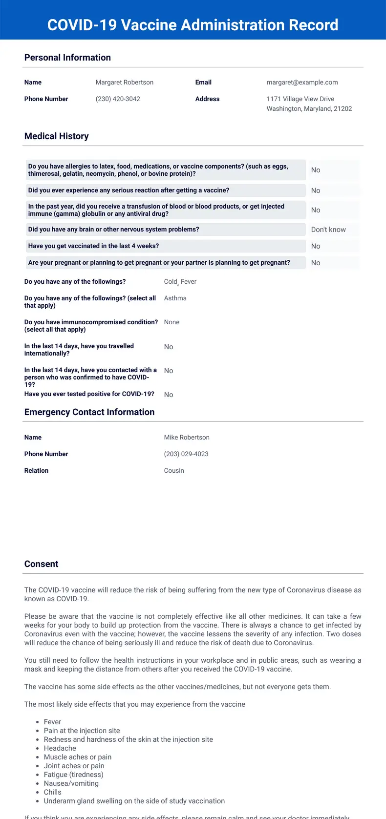 COVID-19 Vaccine Administration Record