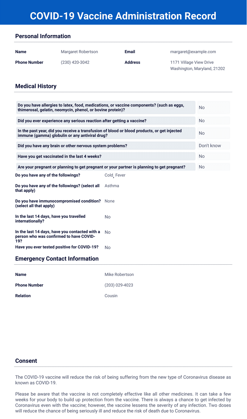 COVID-19 Vaccine Administration Record - PDF Templates | Jotform