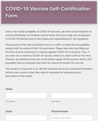 COVID-19 Vaccine Self-Certification Form Template | Jotform