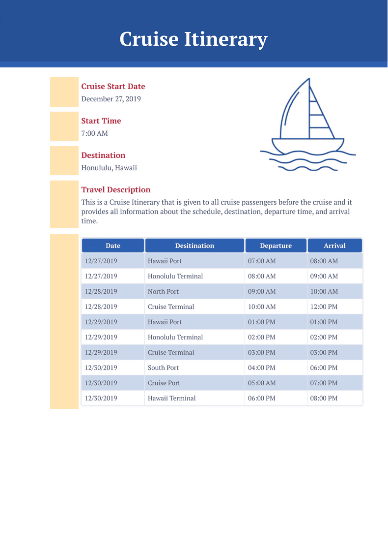 cruise ship itinerary sample