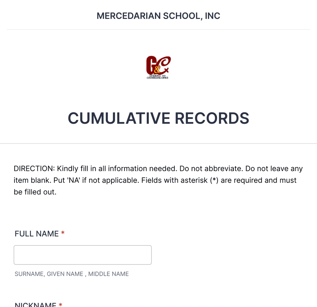 CUMULATIVE RECORDS Form Template | Jotform