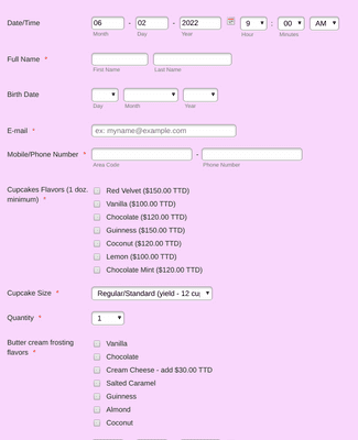 Custom cake order form template for Google Forms