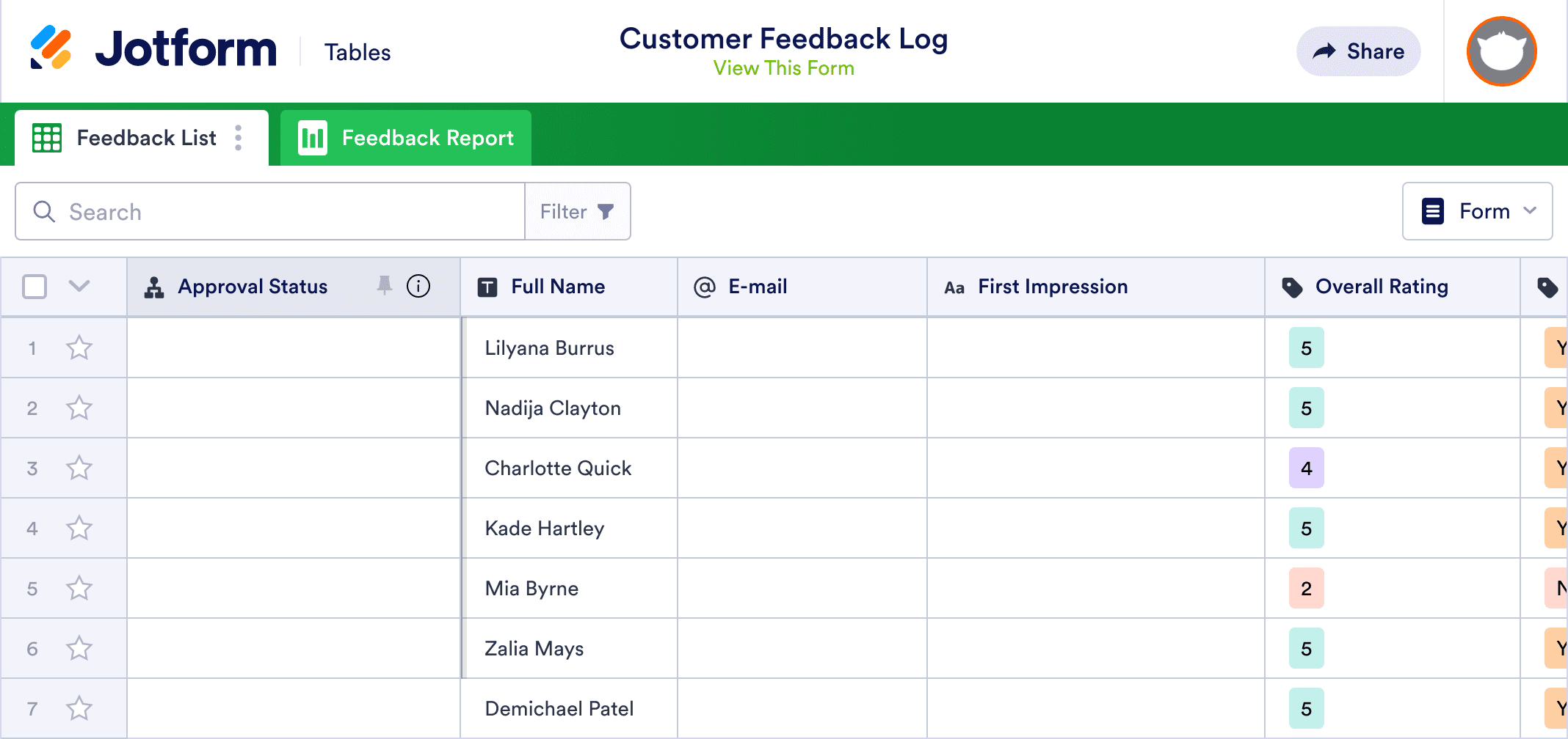 Customer Feedback Log Template | Jotform Tables