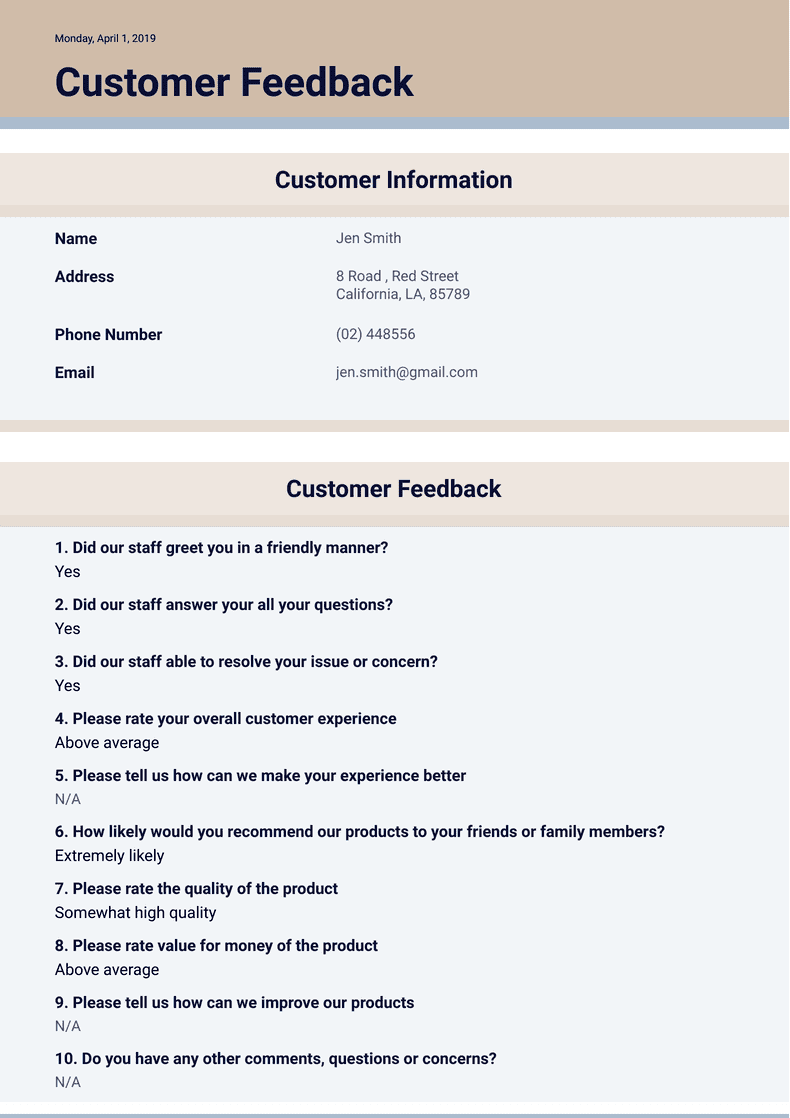 Customer Feedback Template - PDF Templates | Jotform