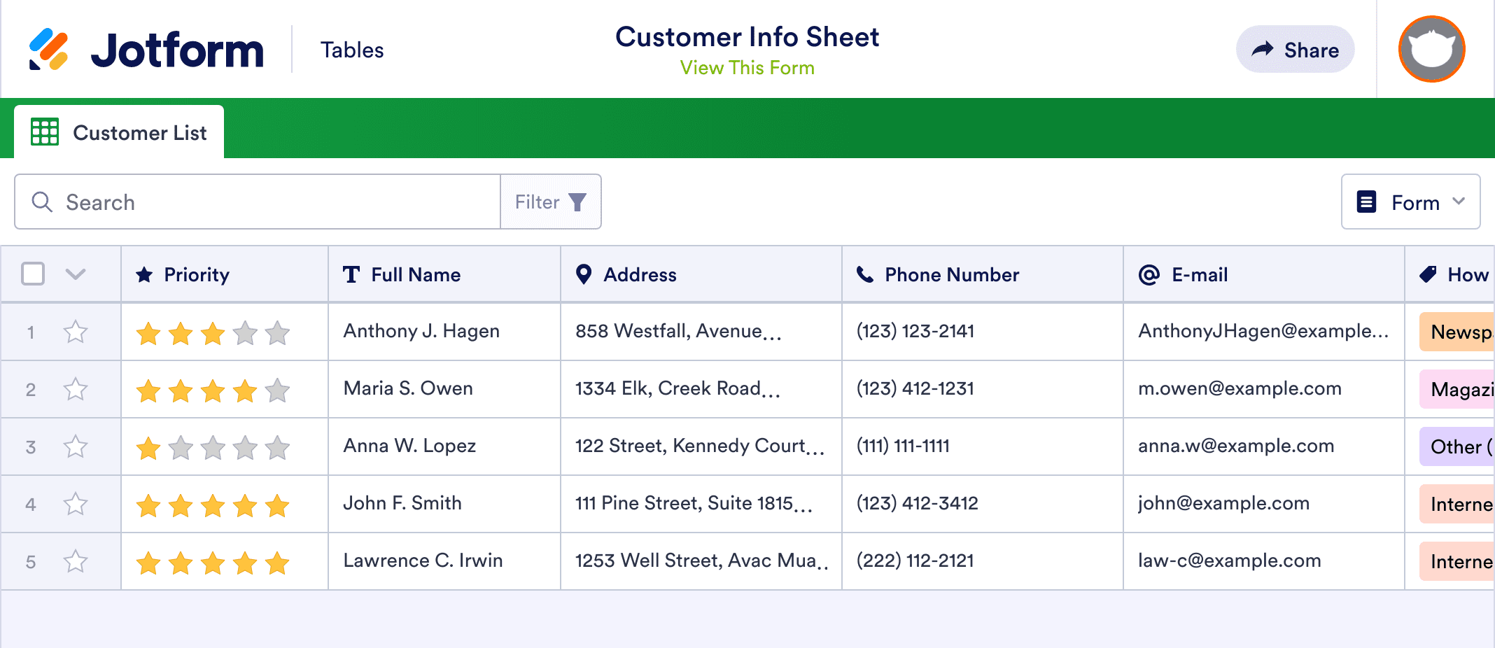 Customer Info Sheet Template Jotform Tables