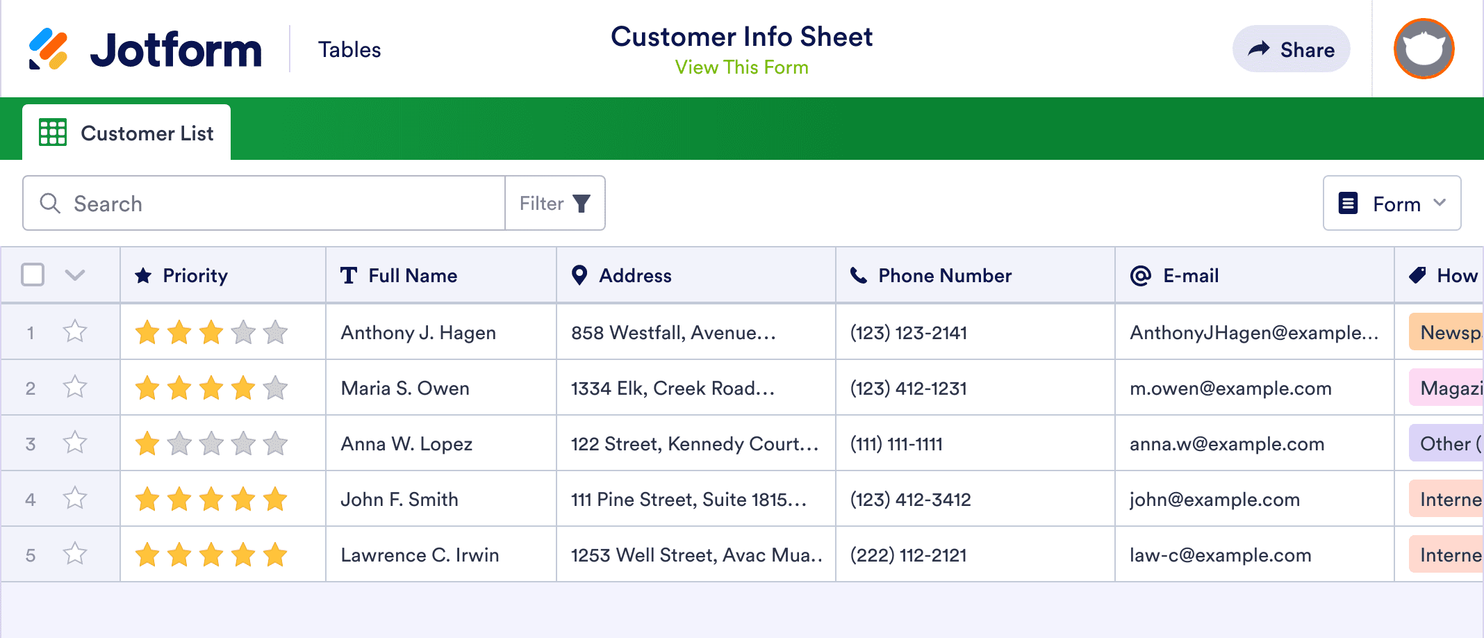Customer Info Sheet