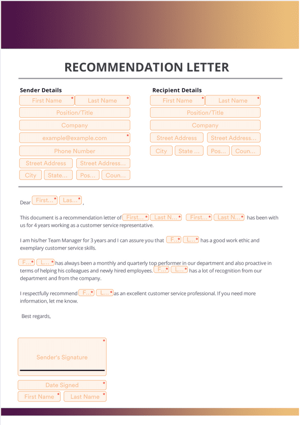 Sign Templates: Customer Service Recommendation Letter