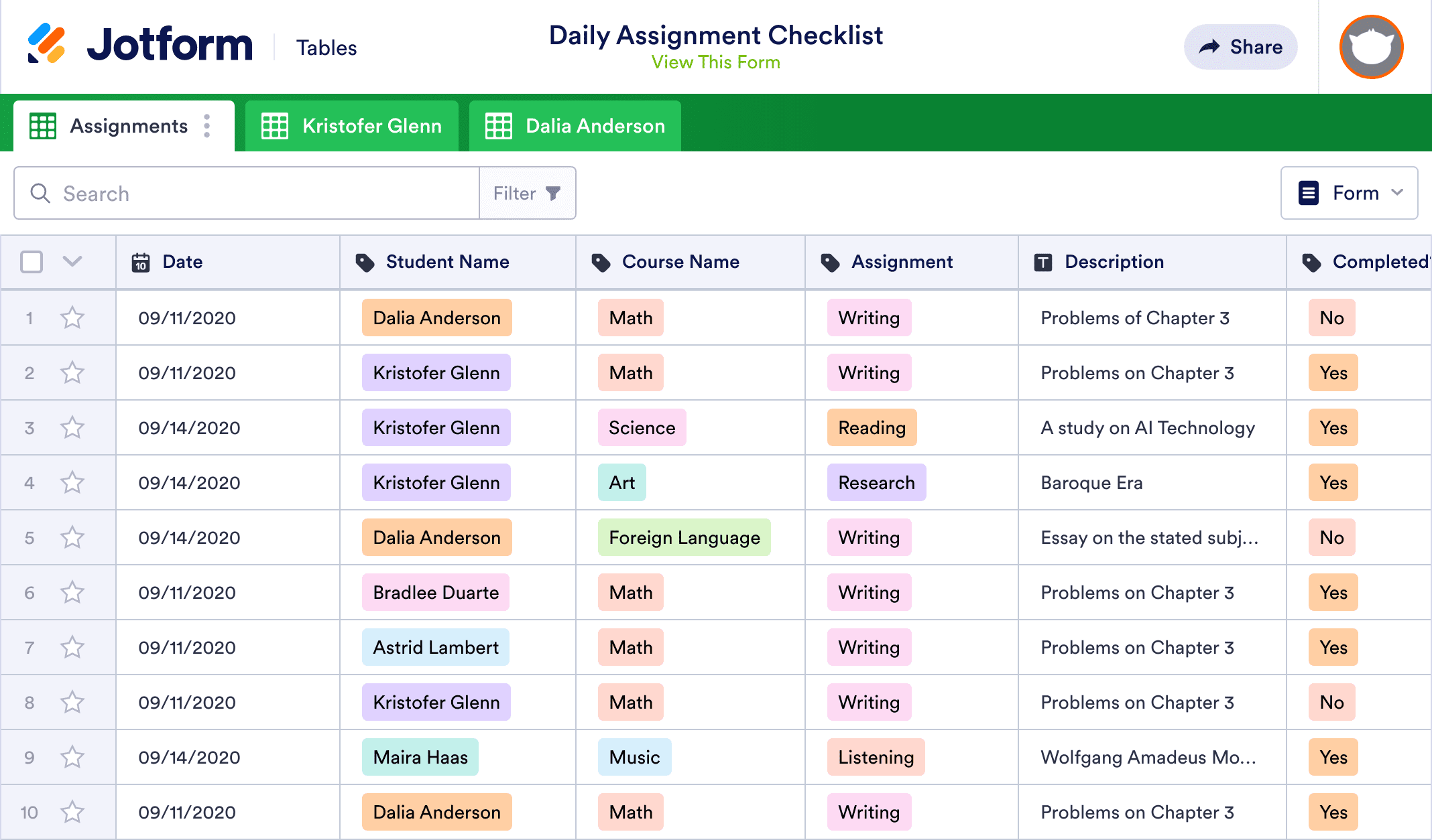 Daily Assignment Checklist