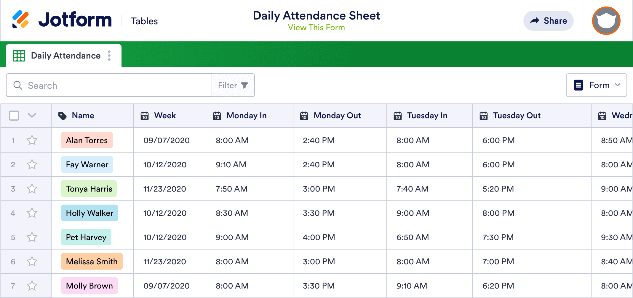 Student Attendance Sheet Template Jotform Tables 49 OFF
