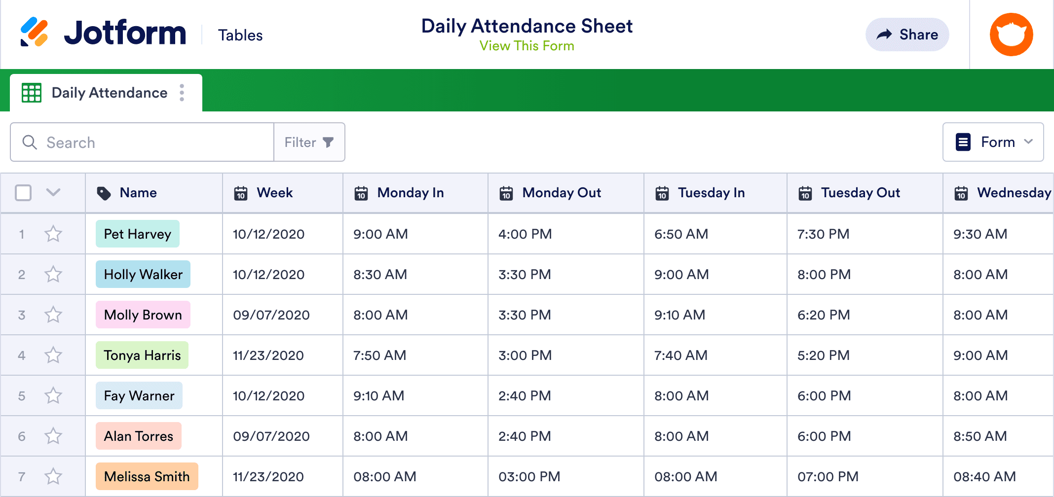 Daily Attendance Sheet