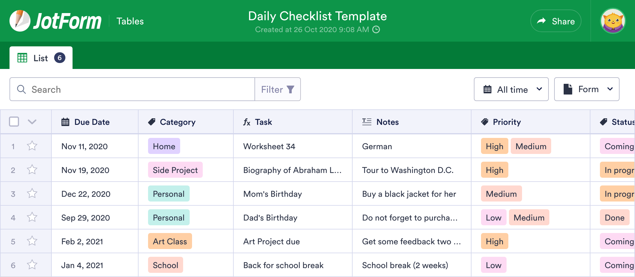 Daily Checklist Template | JotForm Tables