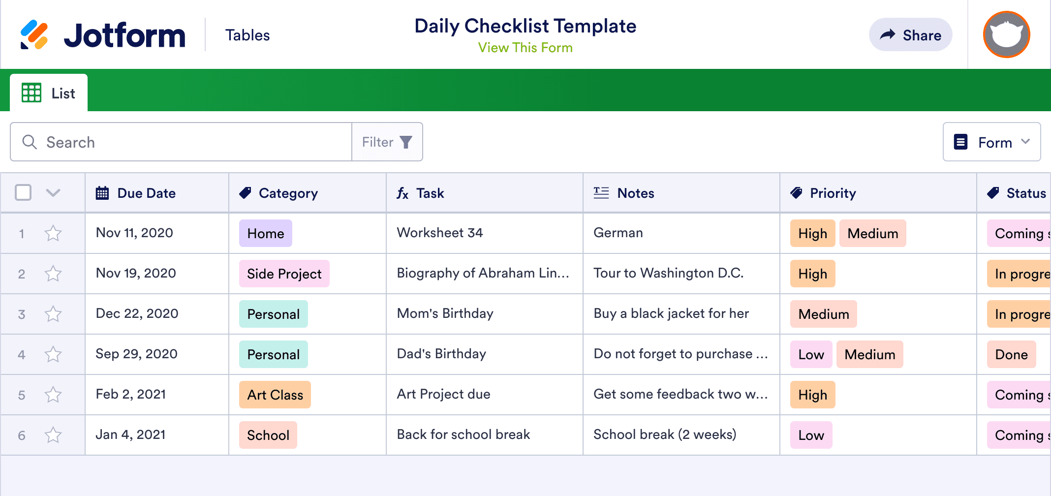 Daily Checklist Template | Jotform Tables