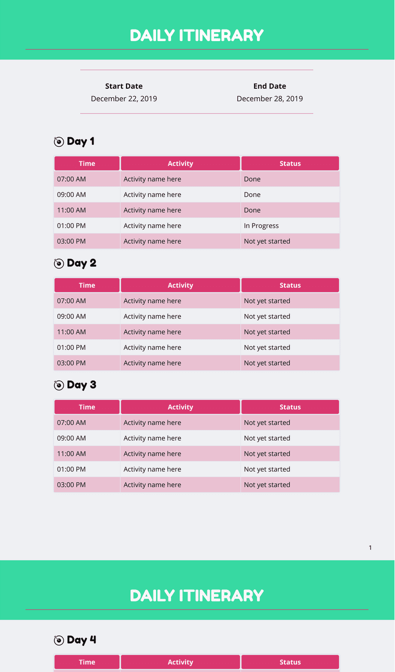 Daily Itinerary Template - PDF Templates | Jotform