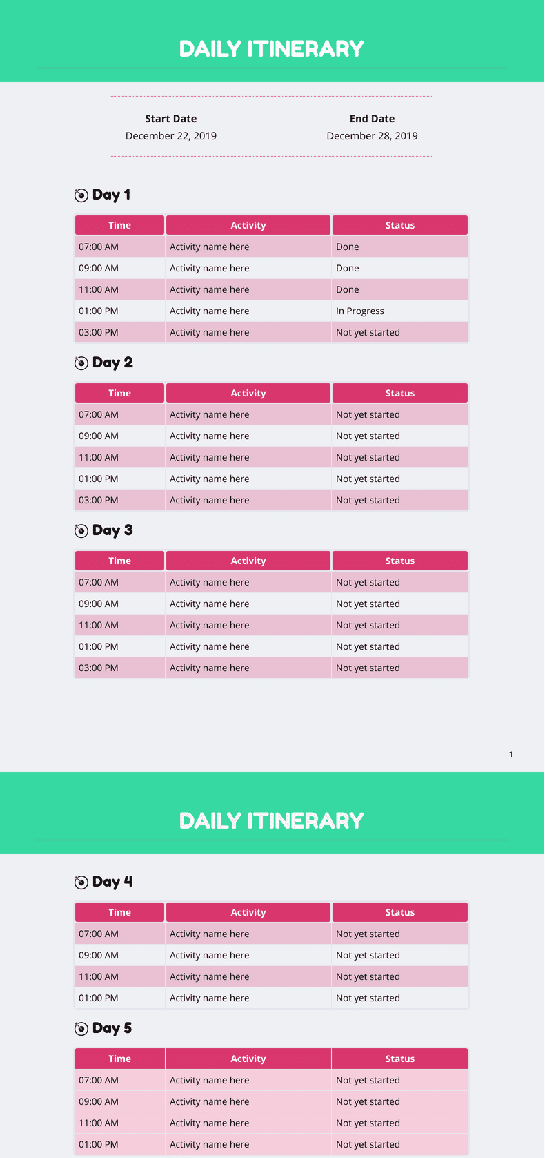 PDF Templates: Daily Itinerary Template