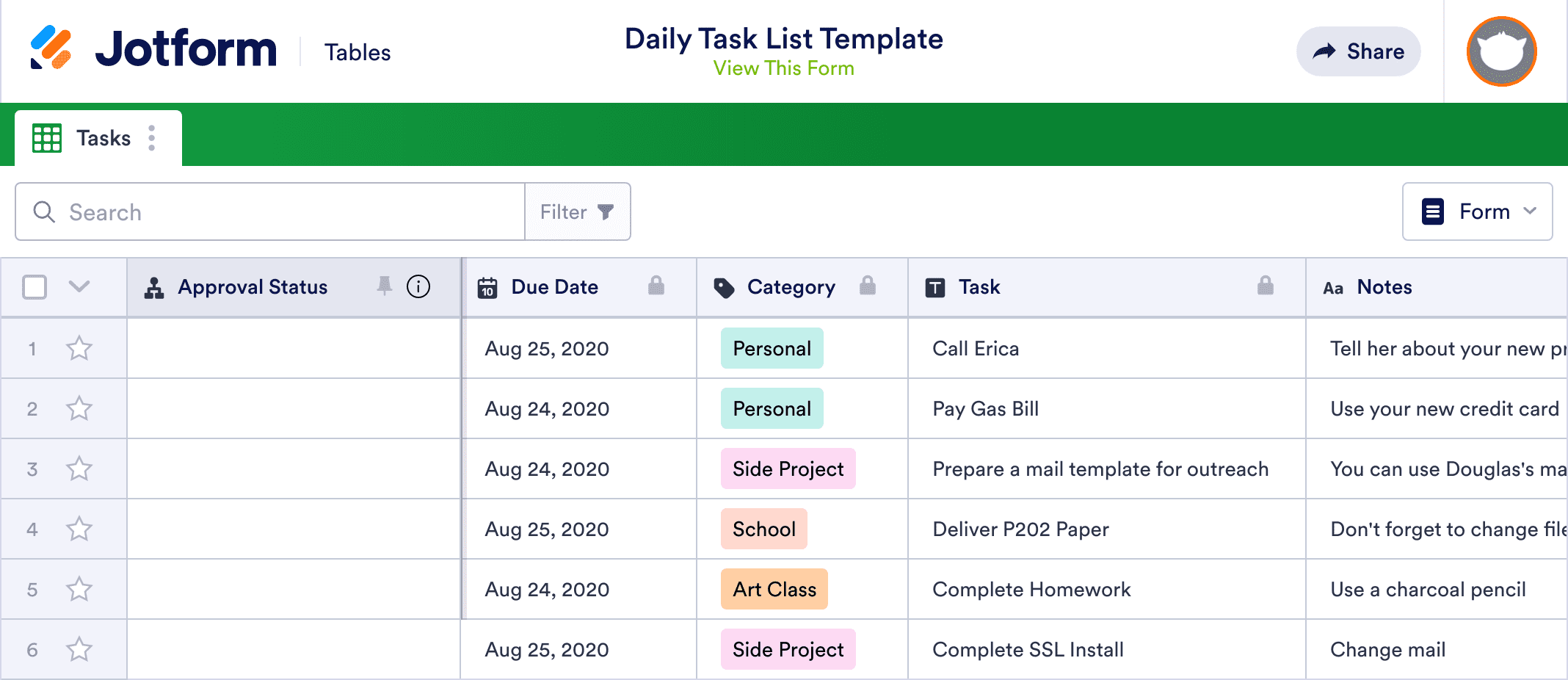 Daily Task List Template Jotform Tables