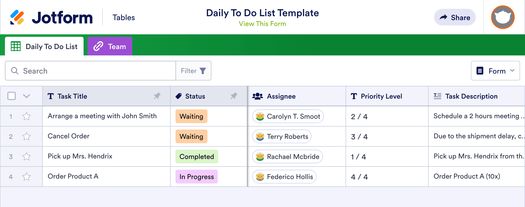 Daily To Do List Template | Jotform Tables