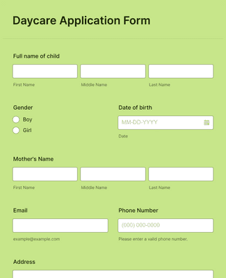 Form Templates: Daycare Application Form