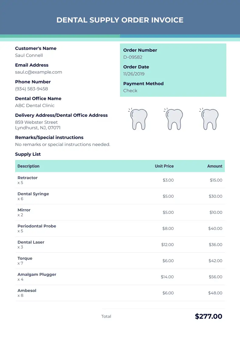 Dental Supply Order Invoice Template