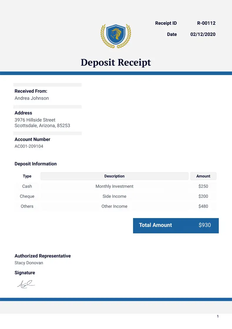 Deposit Receipt - PDF Templates | Jotform