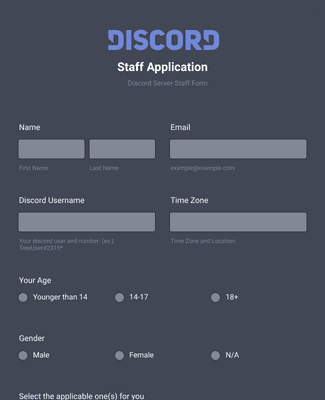 kighul kylling utilfredsstillende Discord Staff Application Form Template | Jotform