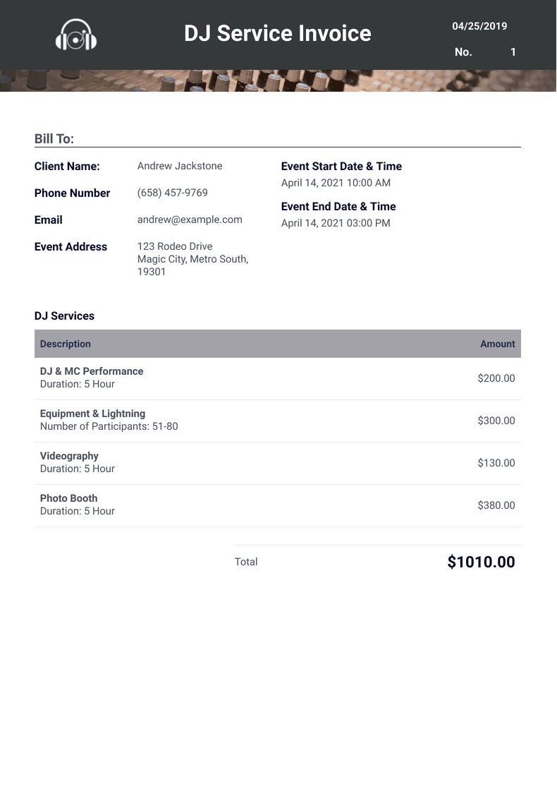 DJ Invoice Template - PDF Templates | Jotform