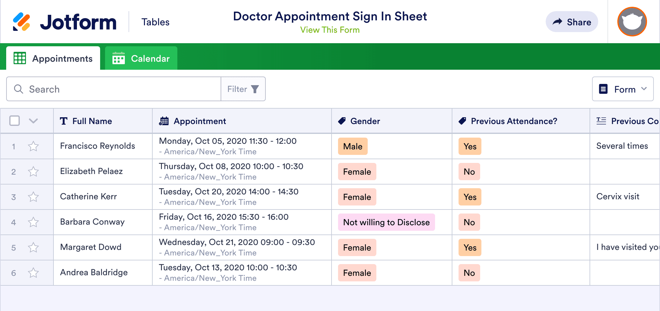 Doctor Appointment Sign In Sheet Template | Jotform Tables