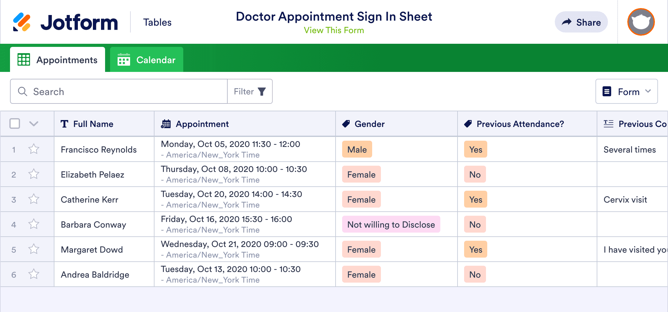 Doctor Appointment Sign In Sheet Template | Jotform Tables