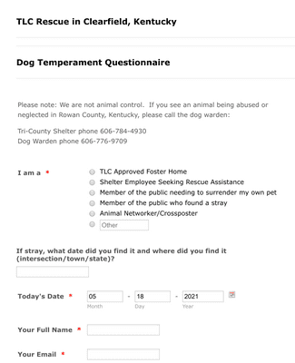 Dog Temperament Questionnaire Form