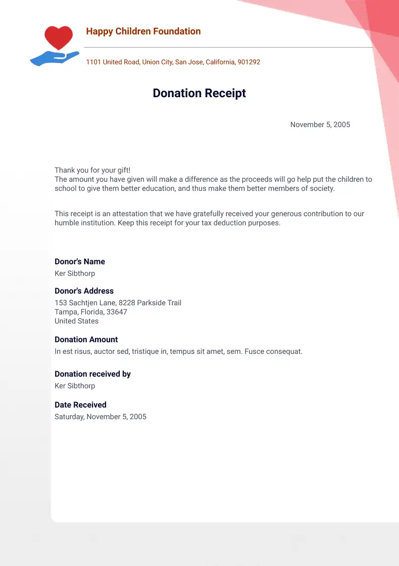 Donation Receipt Template - PDF Templates | Jotform