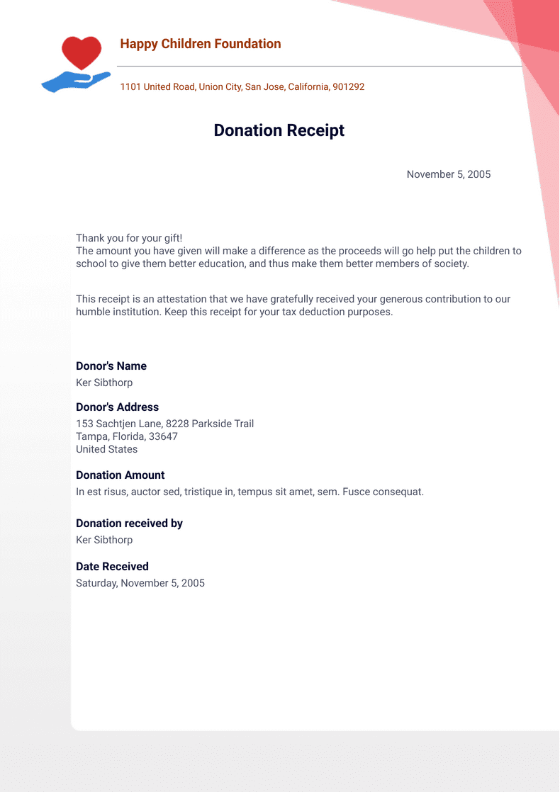 Donation Receipt Template - PDF Templates | Jotform