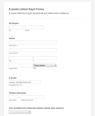 Form Templates: E posta Listesi Kayıt Formu