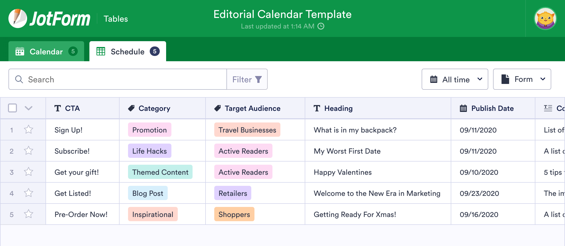 Editorial Calendar Template | JotForm Tables