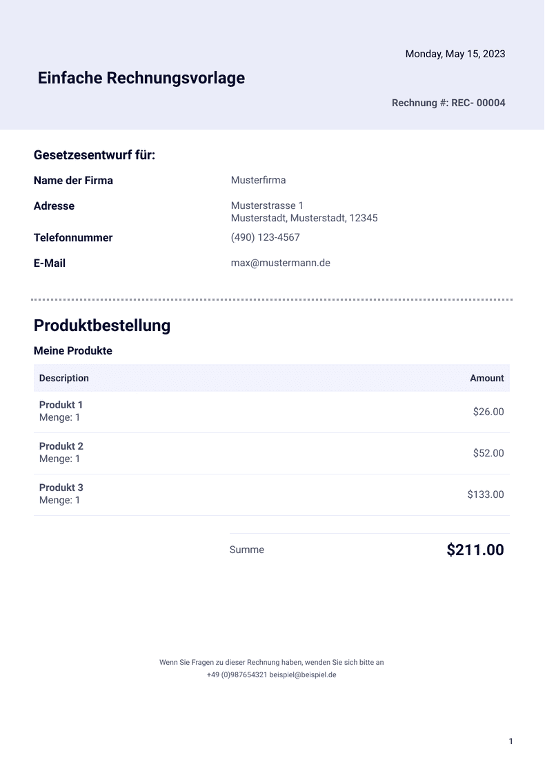 Einfache Rechnungsvorlage - PDF-Vorlagen | Jotform