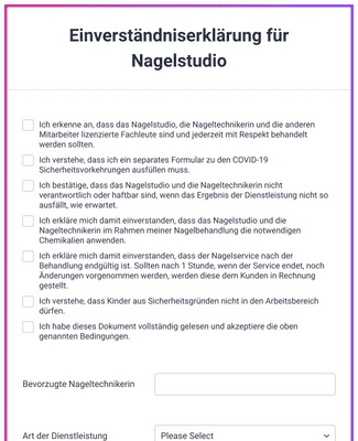 Einverst Ndniserkl Rung F R Nagelstudio Formularvorlage Jotform