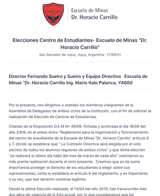 Elecciones Centro de Estudiantes- Escuela de Minas "Dr. Horacio Carrillo" 