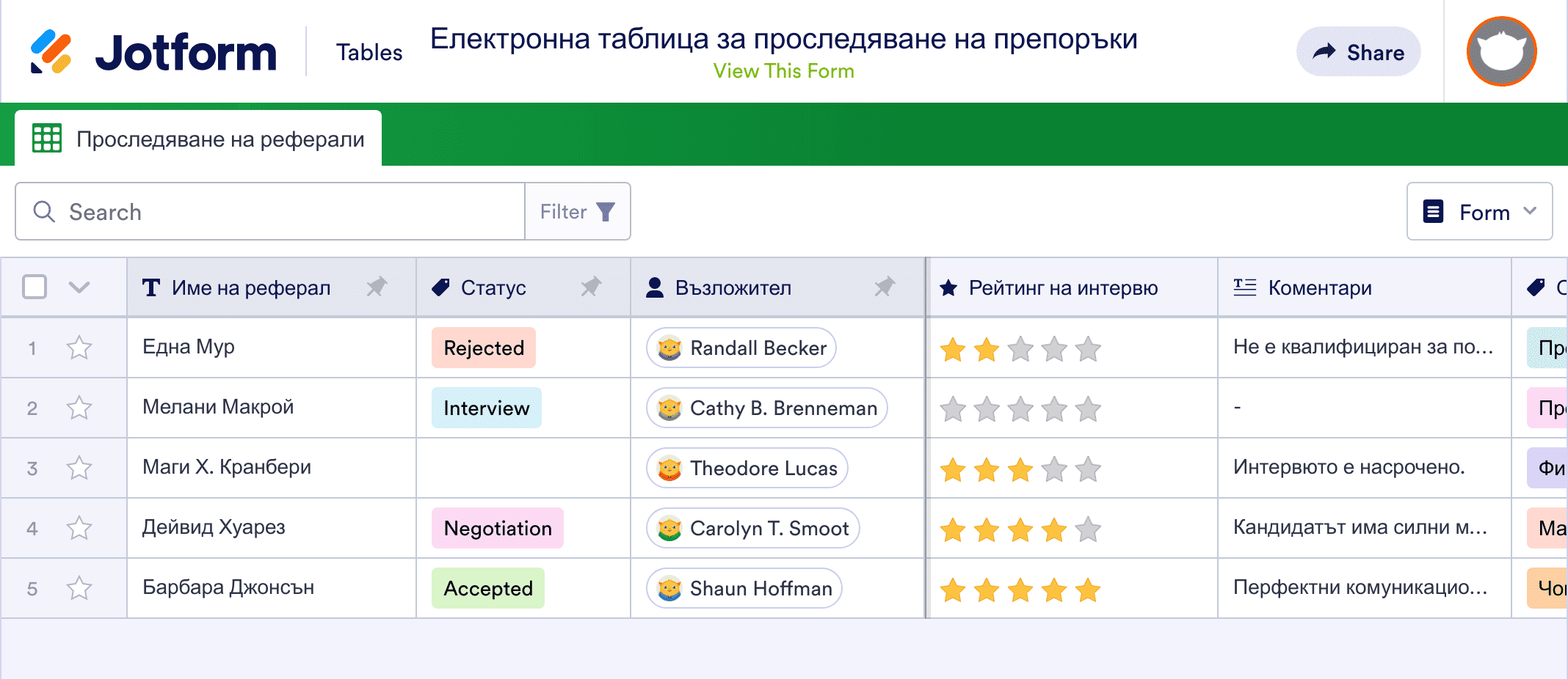 Електронна таблица за проследяване на препоръки Шаблон | Jotform Tables
