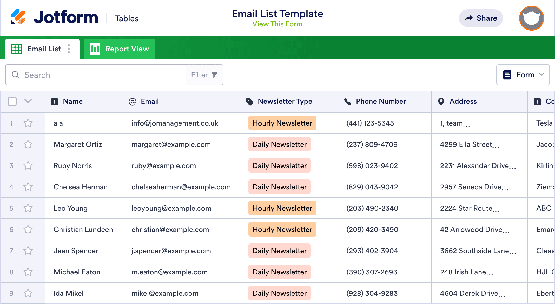 Email List Template Jotform Tables