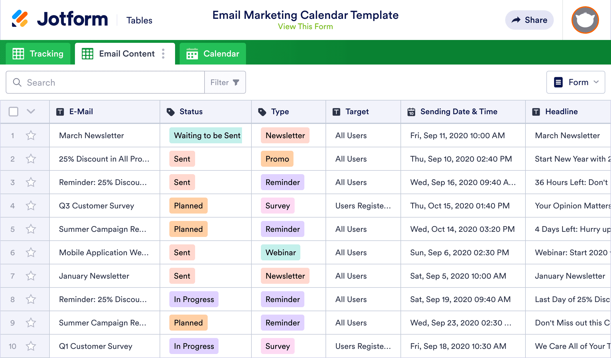Email Marketing Calendar Template Jotform Tables
