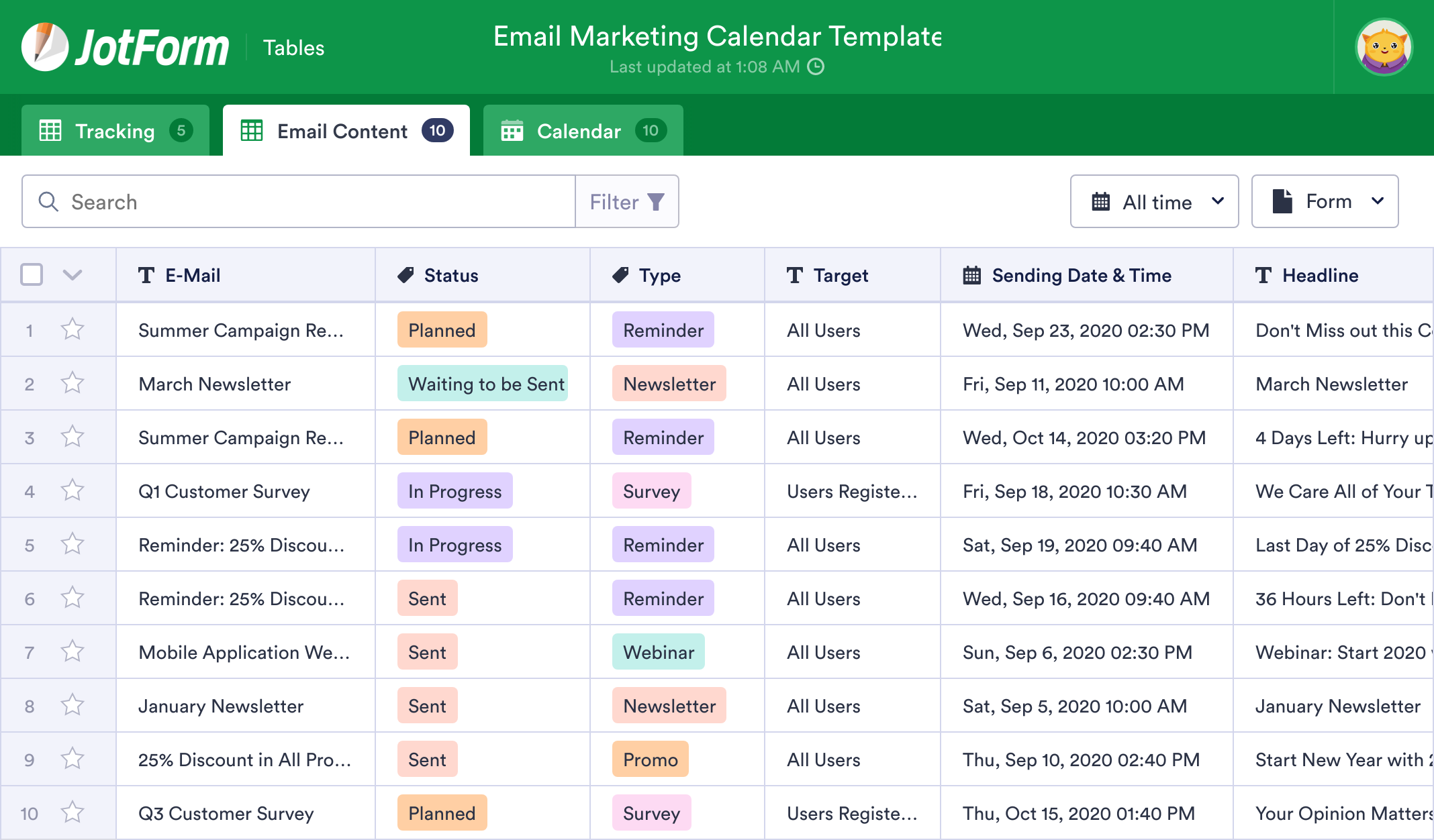 Email Marketing Calendar Template | JotForm Tables