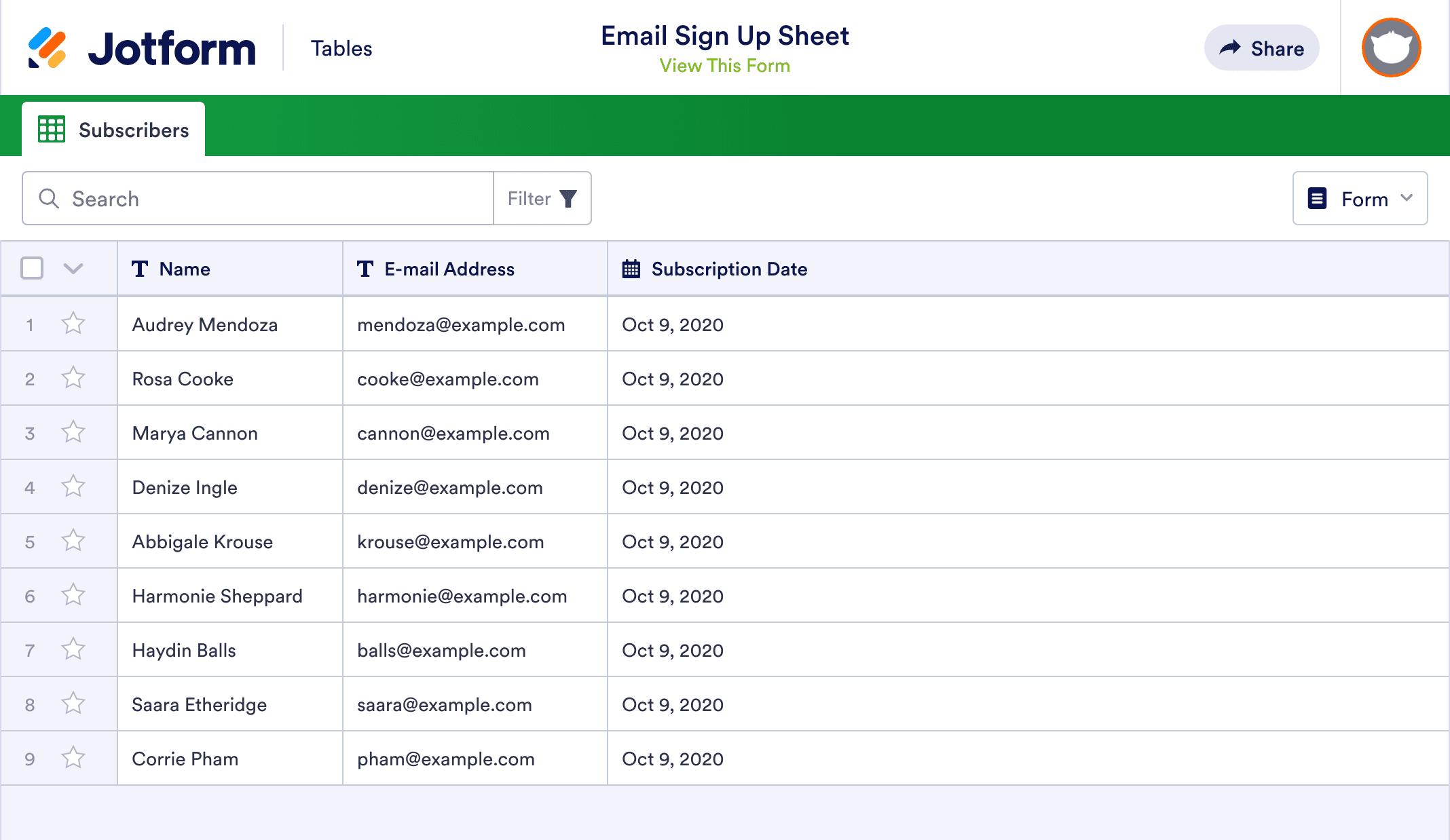 Email Sign Up Sheet