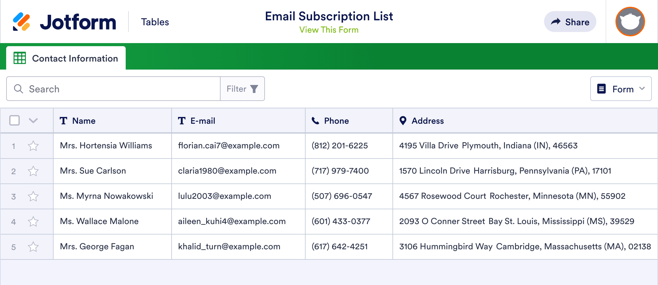 Email Subscription List