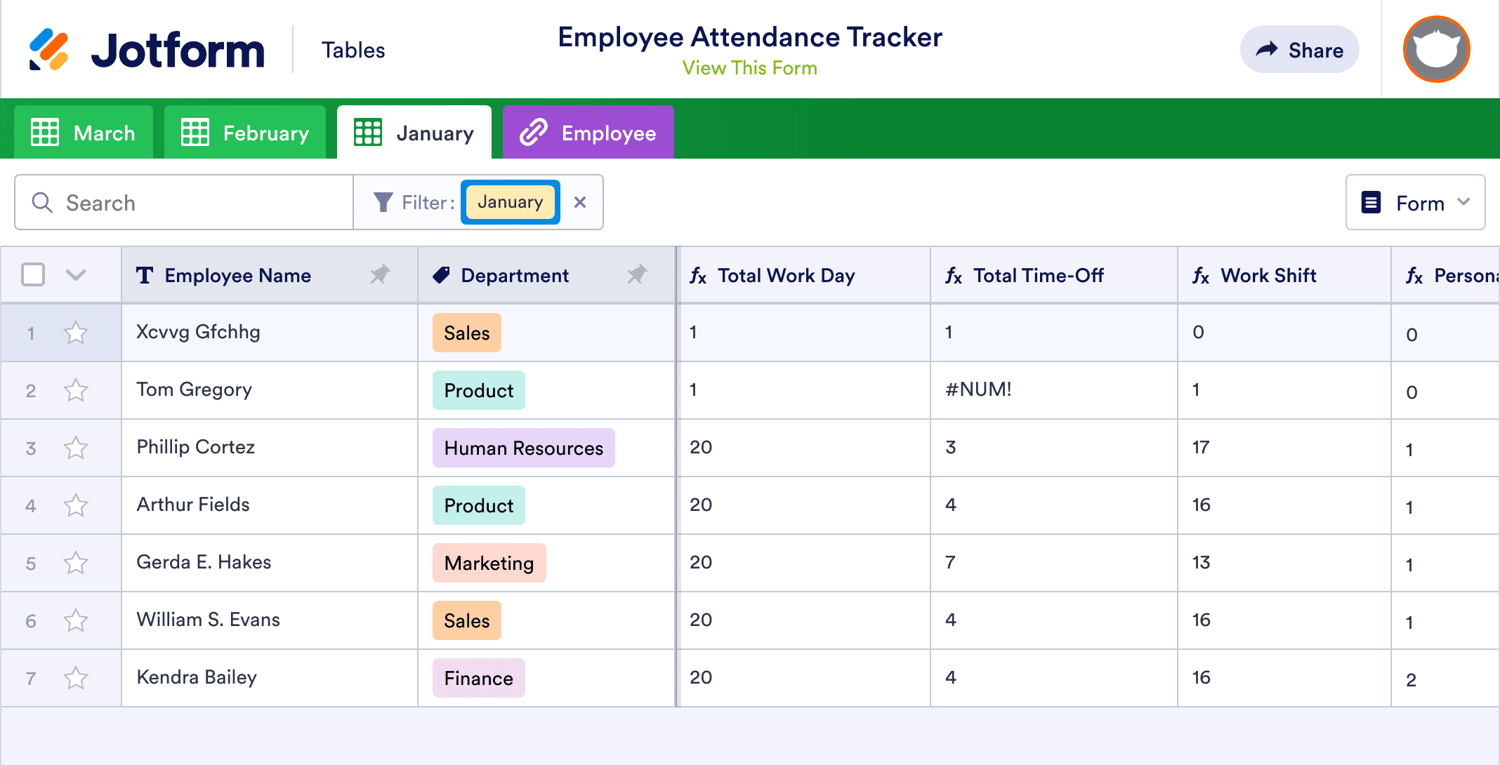 Employee Attendance Tracker Template | Jotform Tables