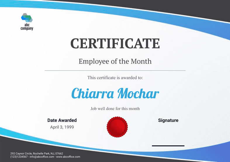 PDF Templates: Employee of the Month Certificate Template